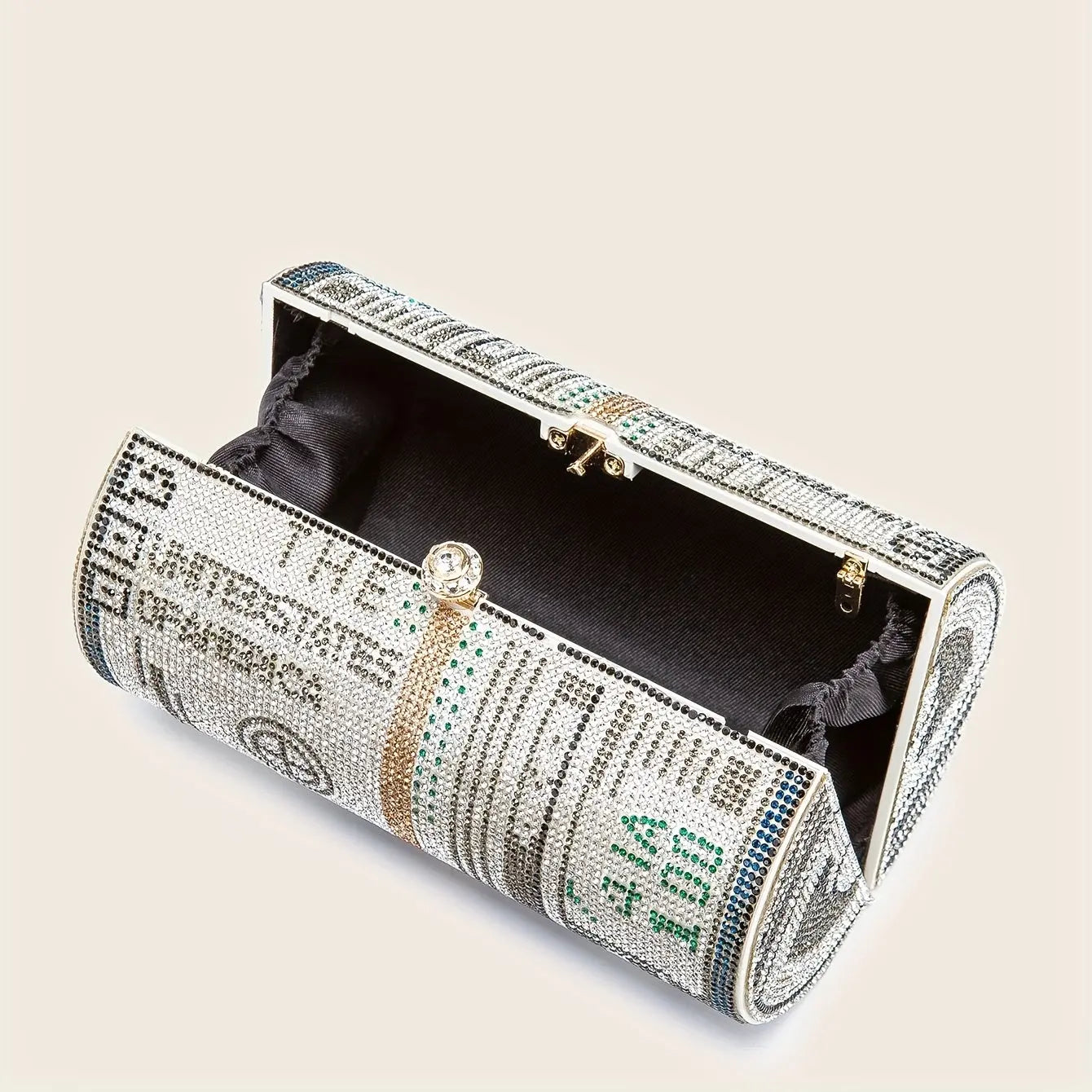 Sparkling Dollar Pattern Clutch Bag - Glamorous Cylinder Rhinestone Glitter Kiss Lock with Adjustable Metal Chain Temu