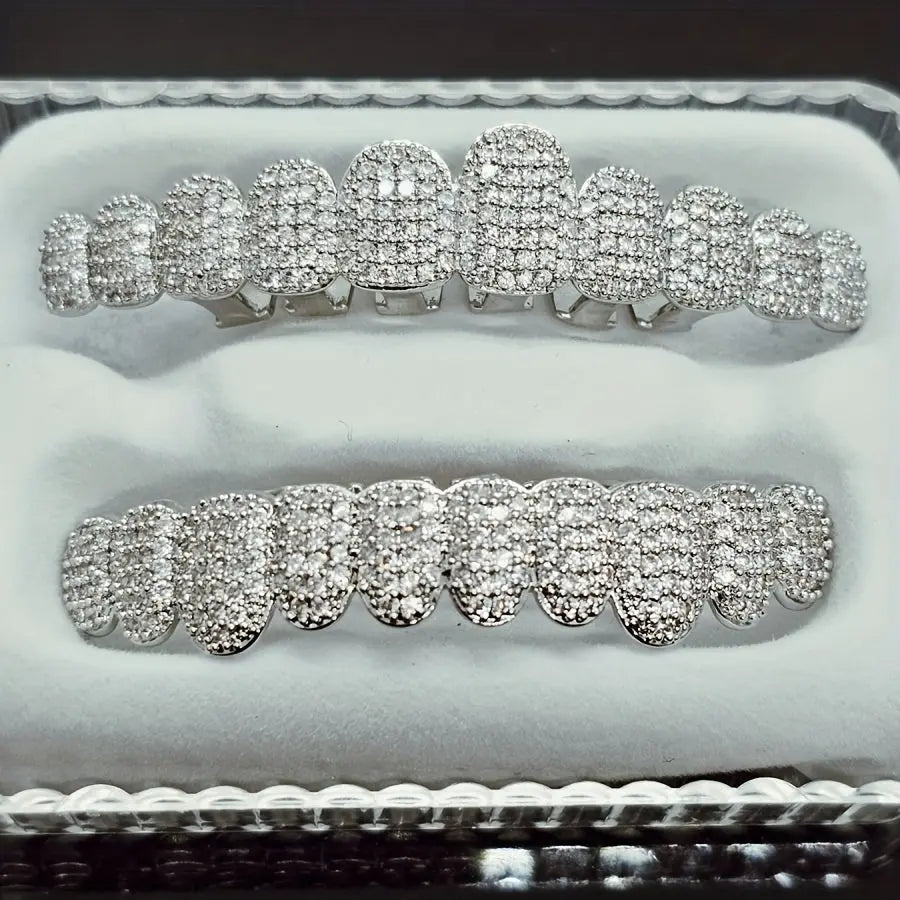 2pcs/set Synthetic Zircon Grillz Set, Unisex, Fashionable Hip Hop Mouth Teeth Grills, One Size Fits All, Removable Tooth Caps, For Rappers And Parties, With Mold Kit Temu