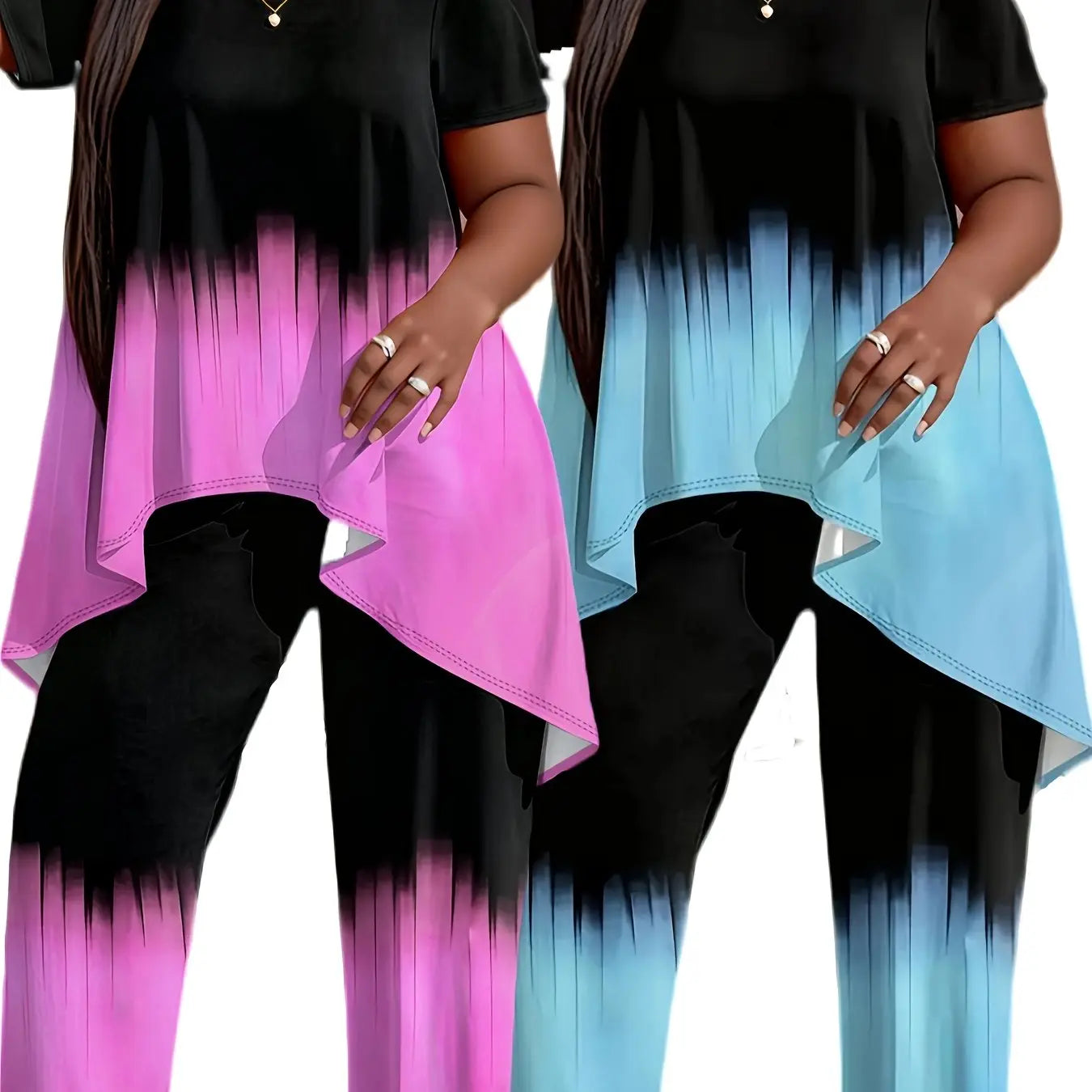 Plus Size Polyester Knit Tie-Dye Clothing Set - Short Sleeve Top And Long Pants - Machine Washable, Simple Style Chic Le'Meek
