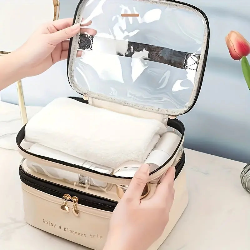 Large Capacity Double Layered Waterproof Transparent Makeup Bag - Portable, Travel-Friendly, Fashionable Cosmetic Storage with Polyester Material and Water Resistance Temu