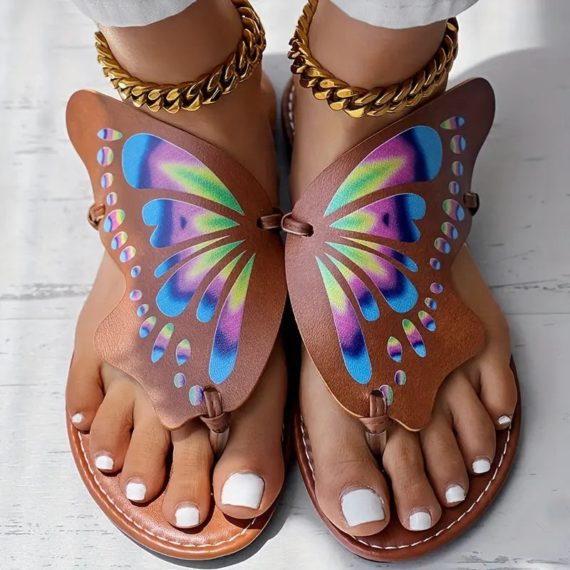 Women's Butterfly Flip Flops, Faux Leather Thong Slippers, Colorful Summer Beach Sandals, Fashion Footwear With Vibrant Wing Design Temu