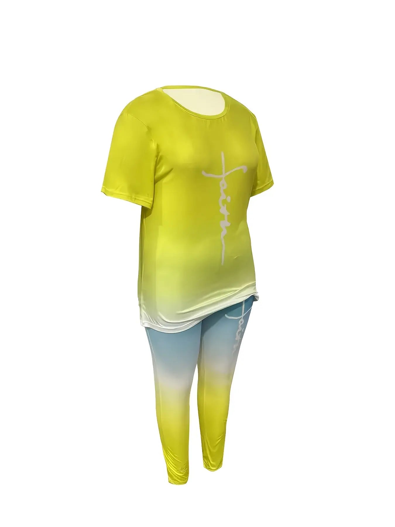 Ladies' Daily Casual Gradient Suit, Faith Letter Printing, Plus-size Tight Pants With Pockets Chic Le'Meek