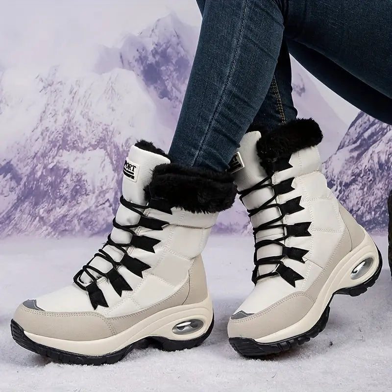 Warmth & Comfort Guaranteed: Womens Thickened Air Cushion Snow Boots - Flannel Lined, Non-Slip, Round Toe, PU Sole, Non-Woven Upper - Perfect for Hiking and Winter Activities Chic Le'Meek