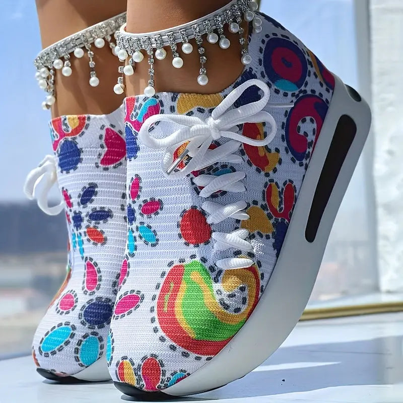 Abstract Print Side Lace-up Casual Wedge Sneakers - Without Anklet Chic Le'Meek