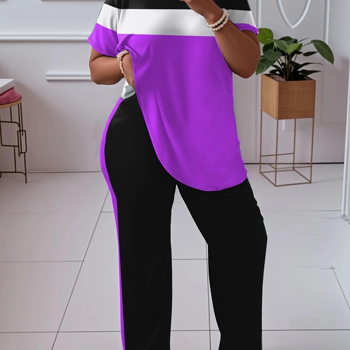 Women'S Plus Size Casual Color Block 2pcs Set - Elegant Crew Neck Short Sleeve Top & Straight Leg Pants, 95% Polyester 5% Elastane, Medium Stretch Knit Fabric, Machine Washable Chic Le'Meek