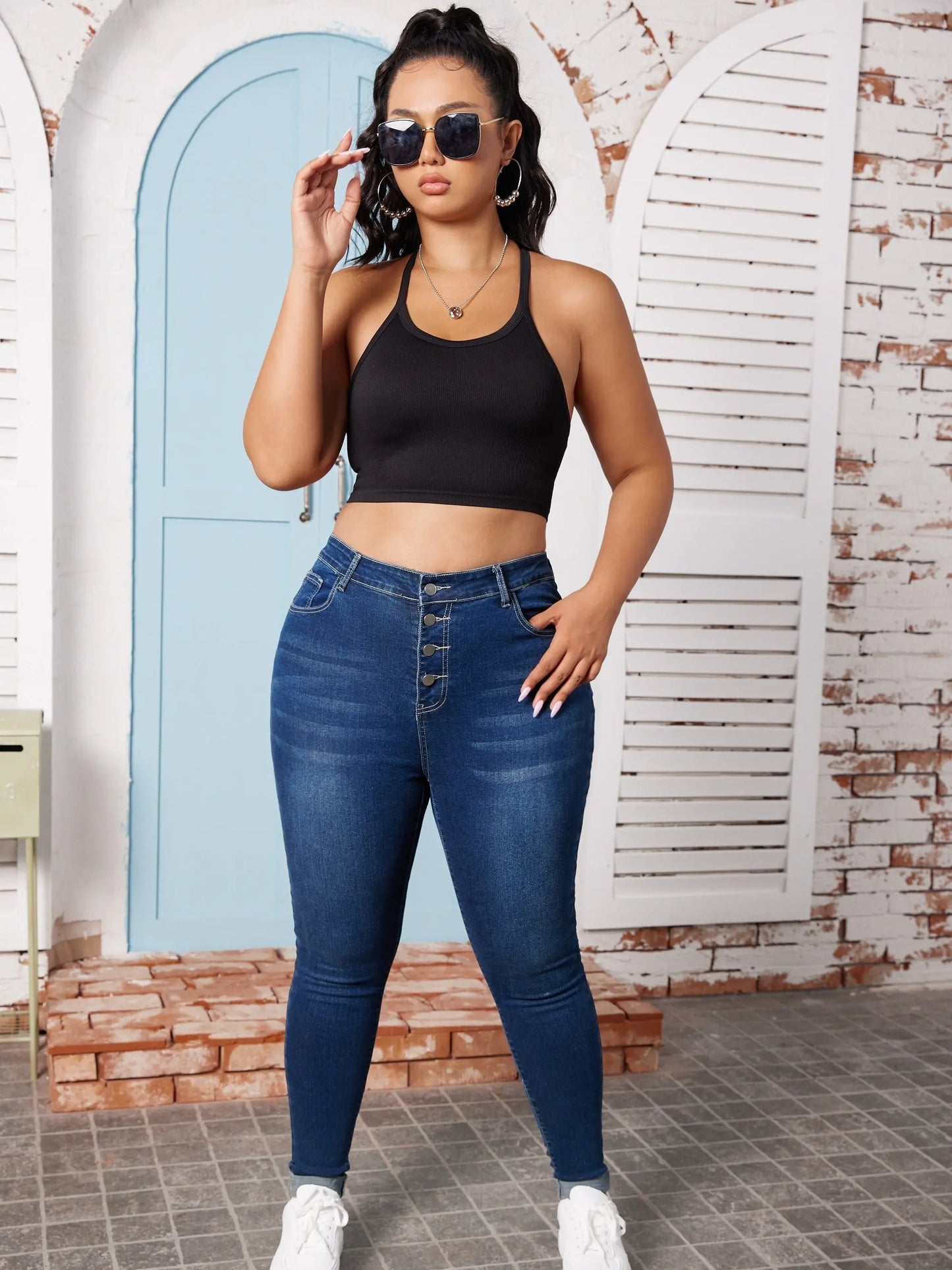 Plus Size Casual Jeans, Women's Plus Button Fly Roll Up Buckle Hem High Stretch Jeans Temu