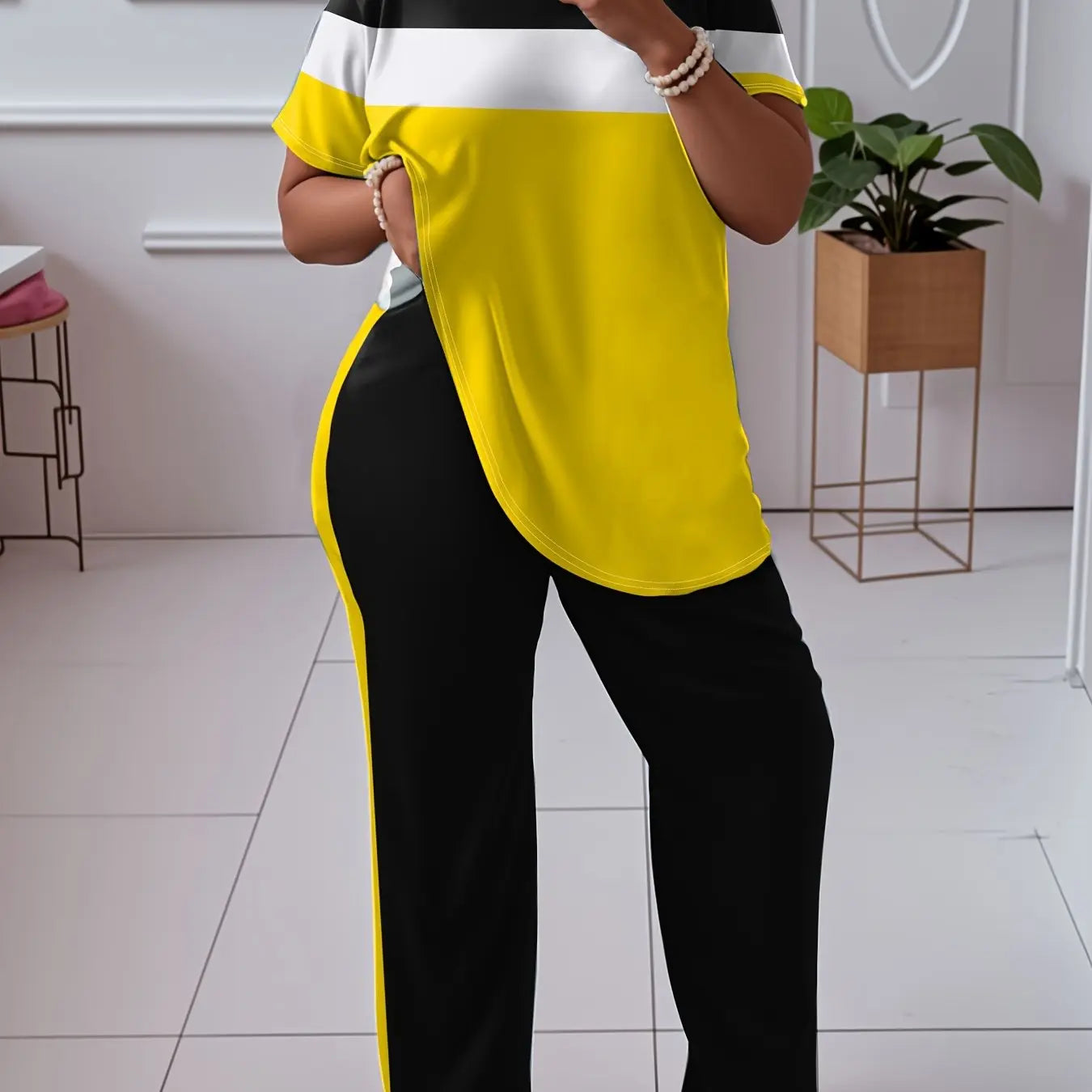 Women'S Plus Size Casual Color Block 2pcs Set - Elegant Crew Neck Short Sleeve Top & Straight Leg Pants, 95% Polyester 5% Elastane, Medium Stretch Knit Fabric, Machine Washable Chic Le'Meek