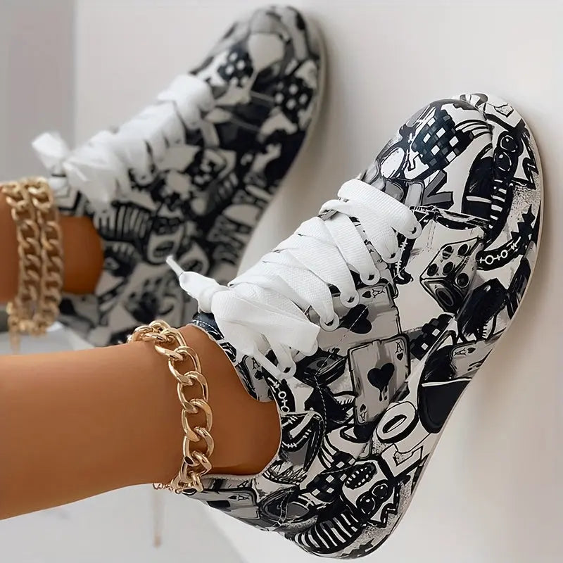 Casual Chic Women's Vibrant Graffiti Print Sneakers - Low Top, Round Toe, Rubber Sole, Faux Cover Interior, All-Season Casual Lace-Up Shoes AliExpress