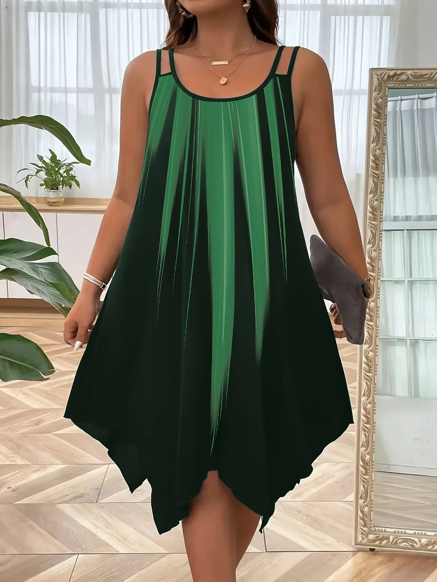 Plus Size Ombre Print Cami Slip Dress - Spaghetti Strap, Sleeveless, Crew Neck, Dual Strap, Asymmetrical Hem, Medium Stretch, Polyester, Random Printing, Vacation Style for Spring, Summer, and Fall Seasons Temu