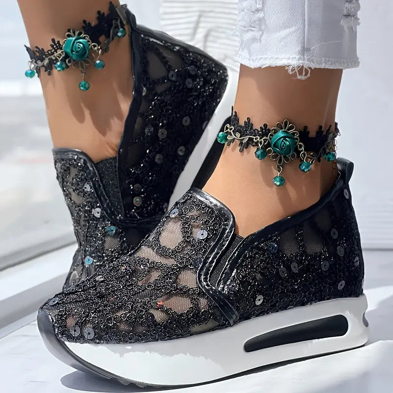 Abstract Print Side Lace-up Casual Wedge Sneakers - Without Anklet Chic Le'Meek