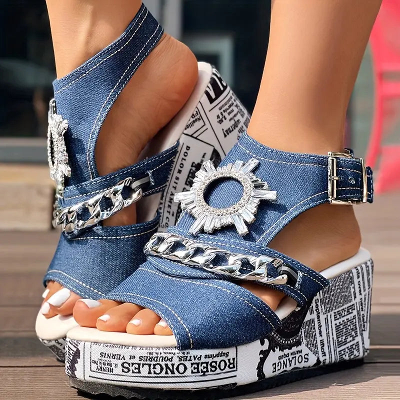 Newspaper Buckle Denim Wedge Slippers - Without Anklet Chic Le'Meek