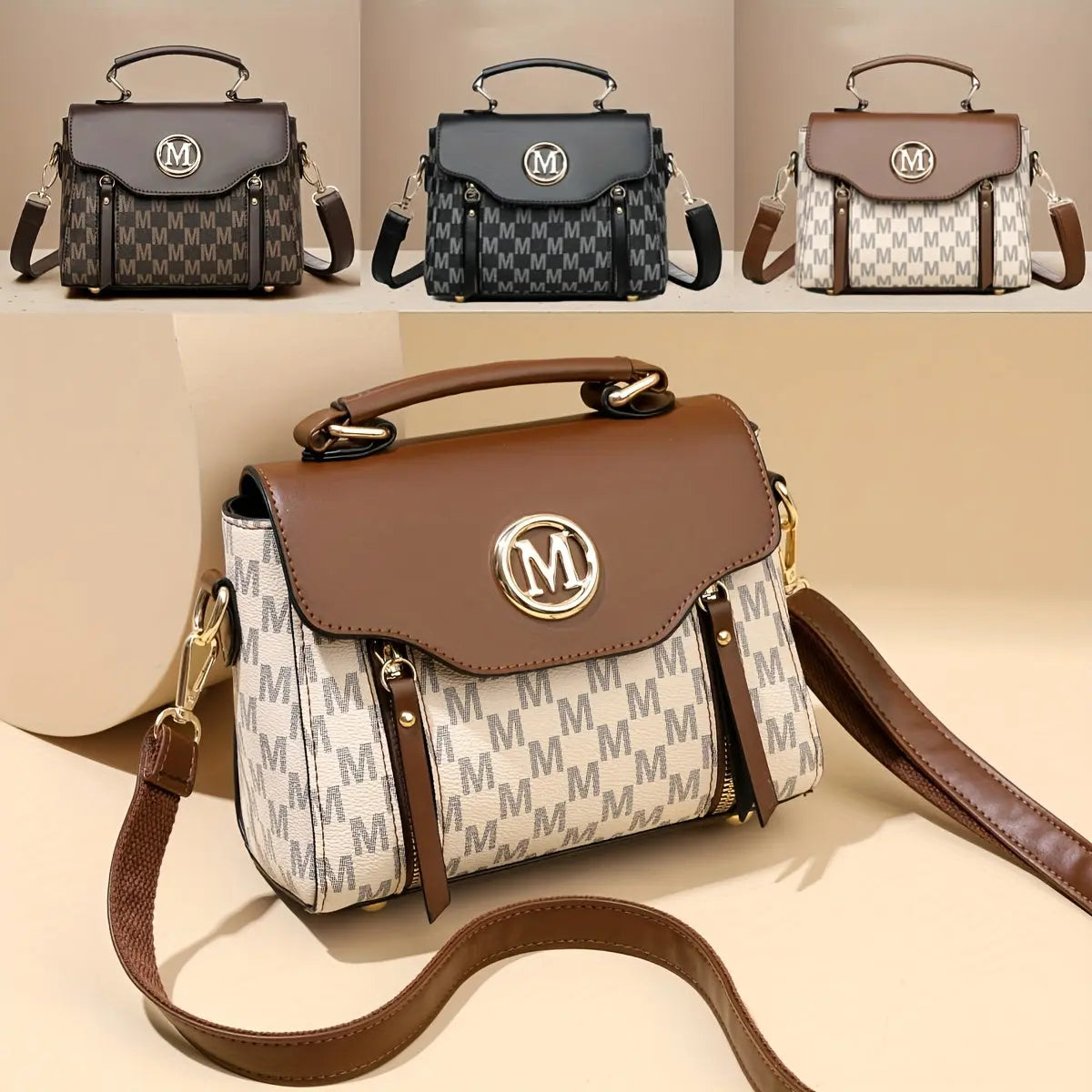 Vintage Geometric Women's Handbag - Large Capacity PU Shoulder Bag with Golden-Tone Hardware, Herringbone Pattern & Letter "M" Design, Detachable Strap, Perfect for Everyday Use (Light Brown/White/Black) Chic Le'Meek