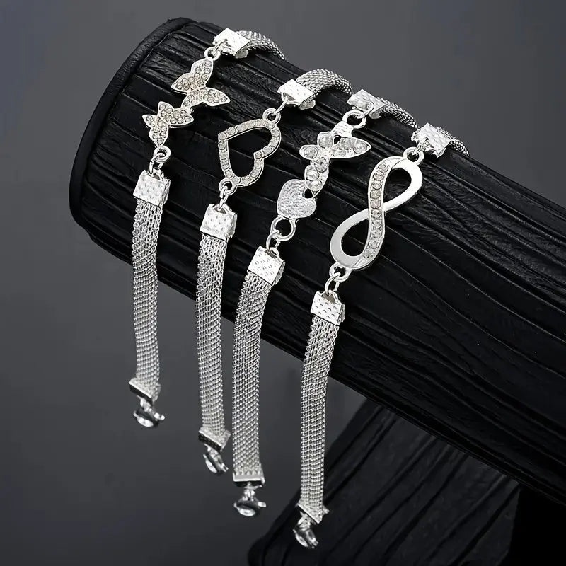 Set of 4- Elegant And Shiny Stackable Ankle Chains, Synthetic Zirconia Ankle Chains Plated with Butterflies And Hearts, Multifunctional Daily Jewelry Gifts Chic Le'Meek