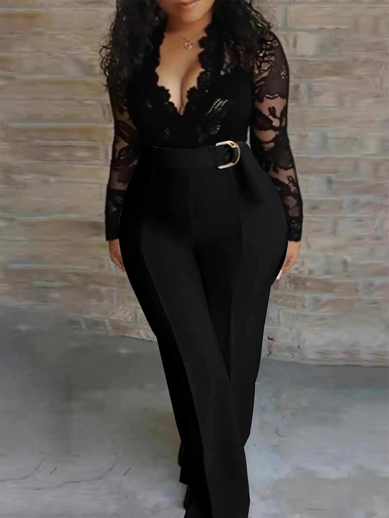 Women'S Plus Size Elegant V-Neck Lace Jumpsuit with Belt - Stretchy Black Long Sleeve Romper AliExpress
