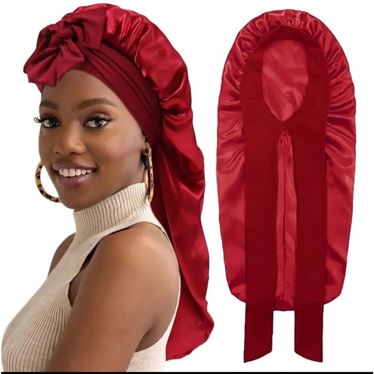 Women's Elastic Tie Band Long Satin Bonnet for Long Curly Hair - Gentle Hair Care Sleeping Cap with Smooth Texture and Soft Inside Chic Le'Meek