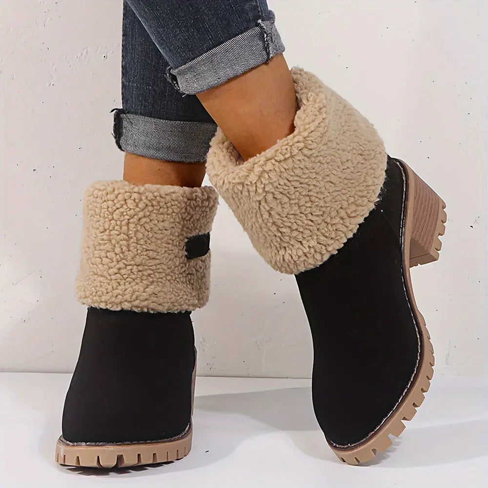 Winter Warm Women's Ankle Strap Platform Chunky Heel Comfort Faux Suede Plush Short Snow Boots Shoes For Woman Chic Le'Meek