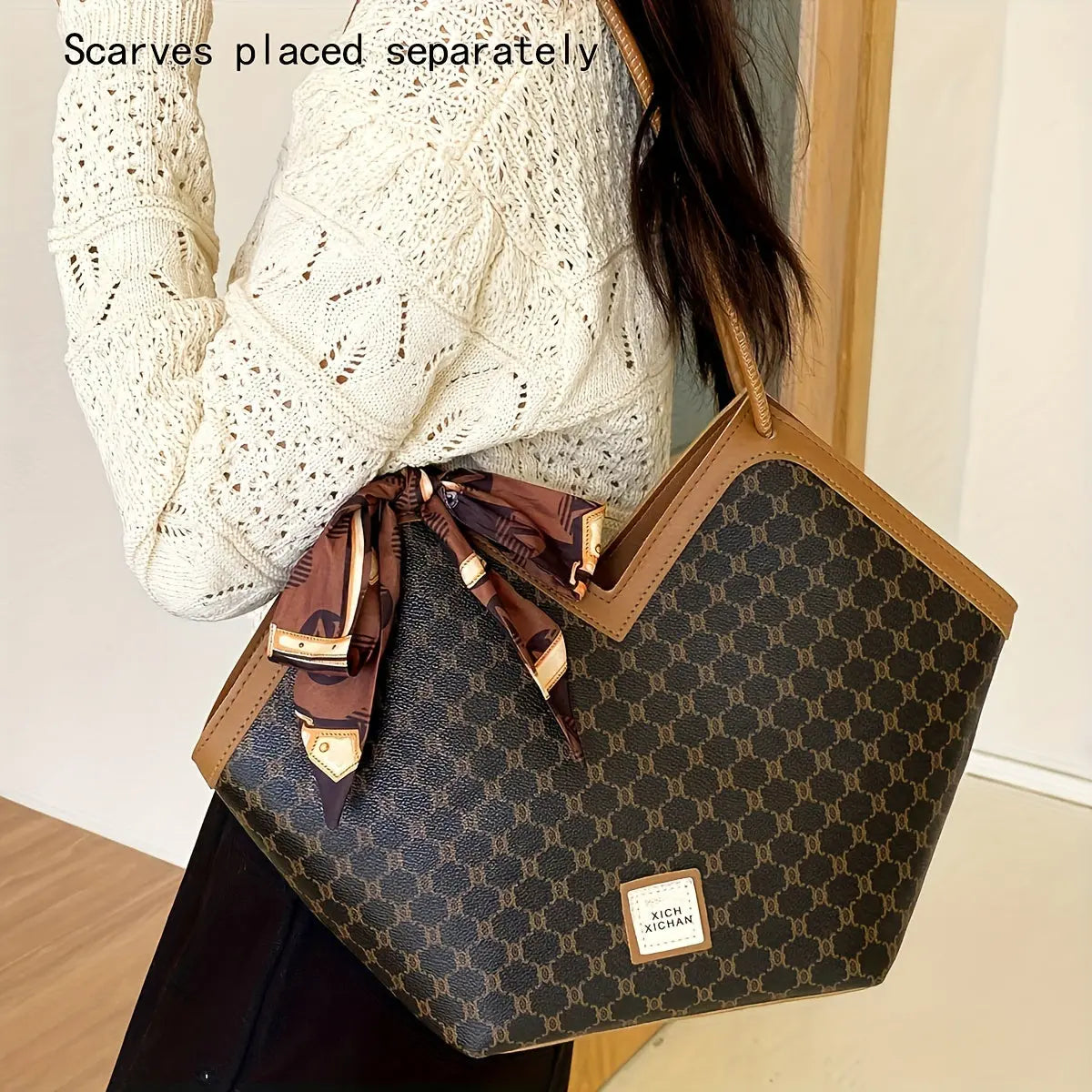 LABOONOO Women'S Vintage-Inspired Tote Bag with Scarf - Elegant, Large Capacity, Zip Closure, Grey & Beige Pattern, Perfect for Casual or Retro Outfits Chic Le'Meek