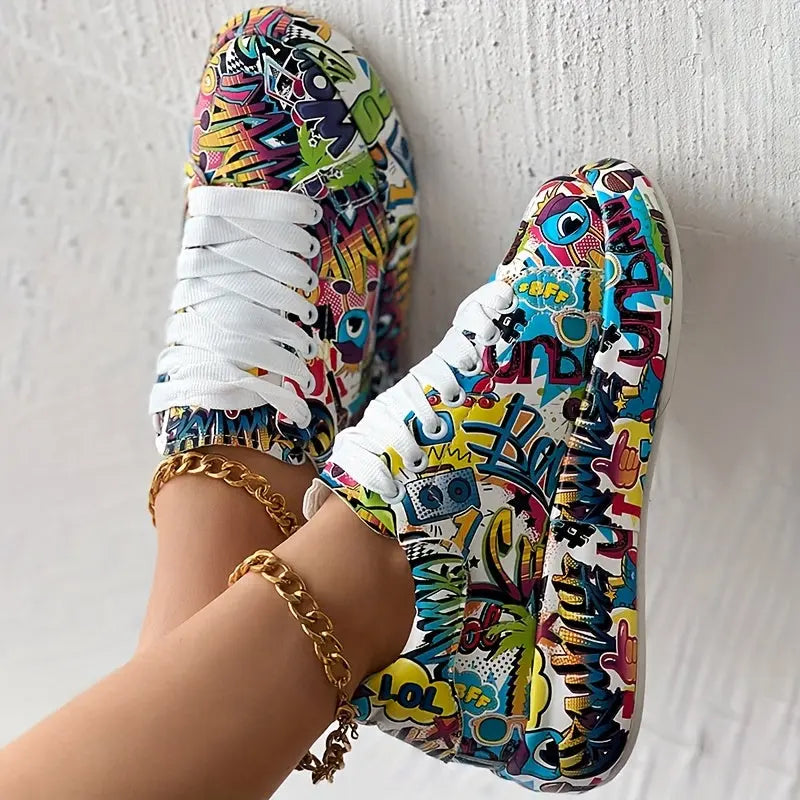 Casual Chic Women's Vibrant Graffiti Print Sneakers - Low Top, Round Toe, Rubber Sole, Faux Cover Interior, All-Season Casual Lace-Up Shoes AliExpress