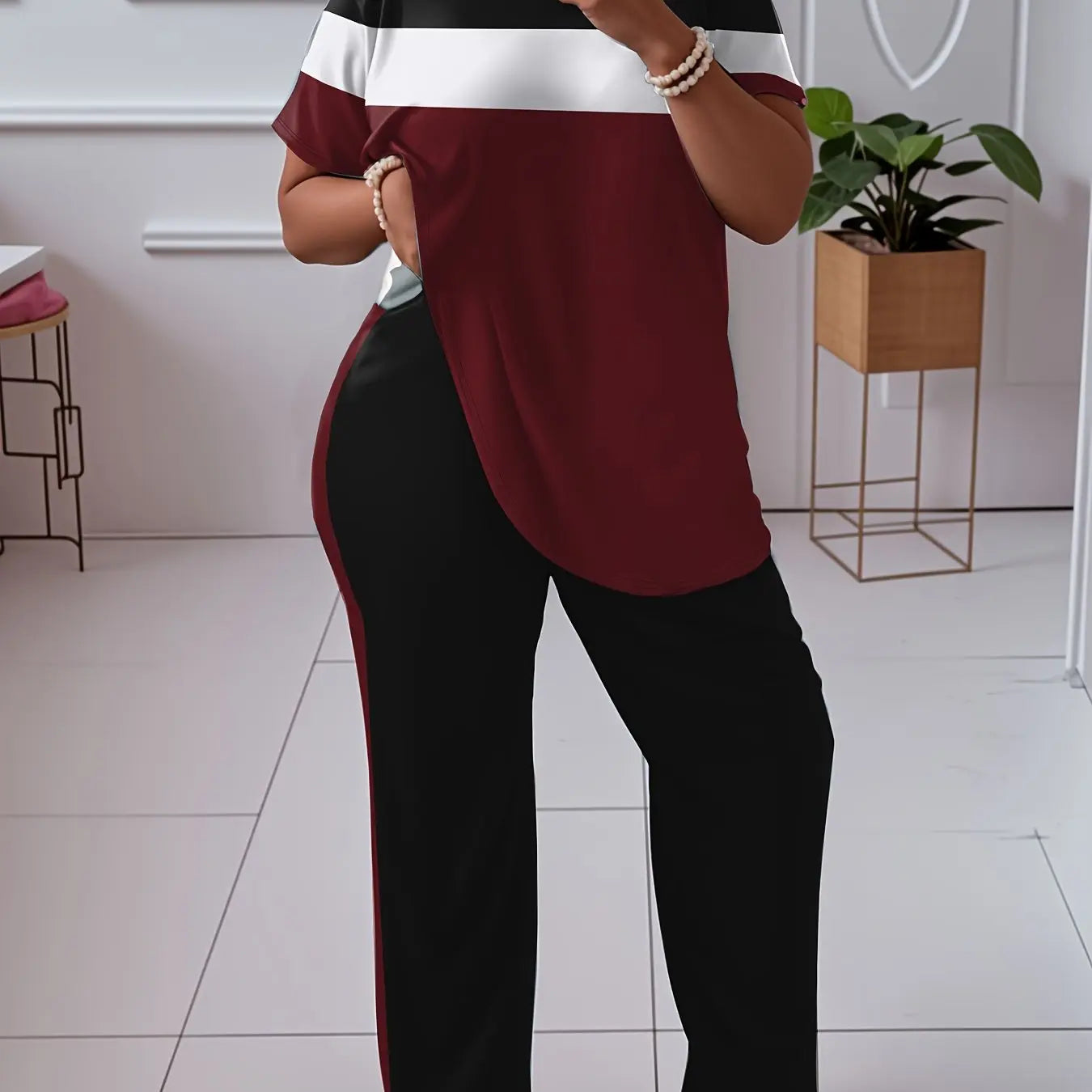 Women'S Plus Size Casual Color Block 2pcs Set - Elegant Crew Neck Short Sleeve Top & Straight Leg Pants, 95% Polyester 5% Elastane, Medium Stretch Knit Fabric, Machine Washable Chic Le'Meek
