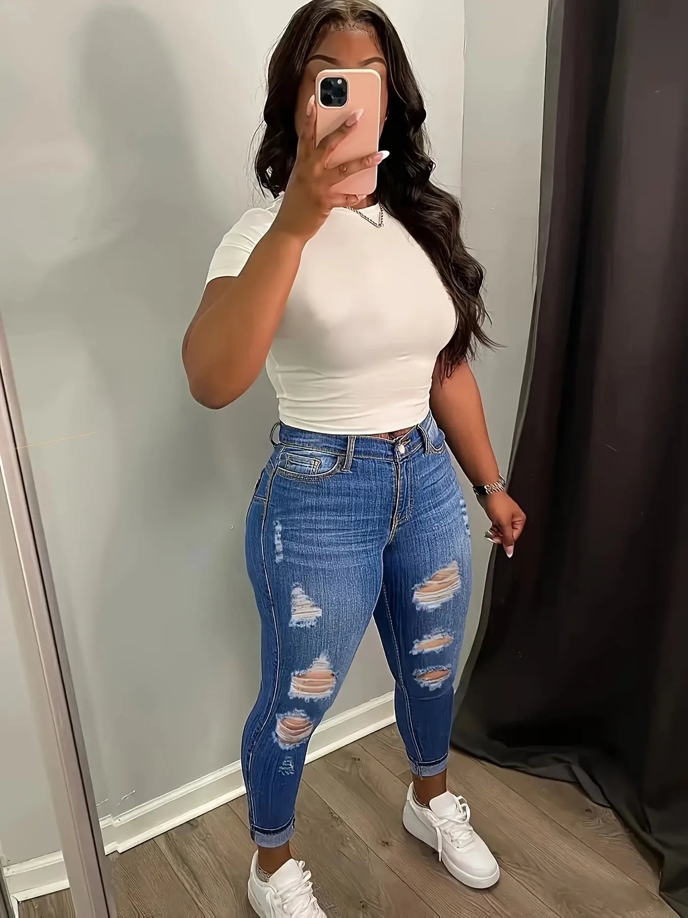 Women's Plus Size Stretch Ripped Skinny Jeans, High-Waisted Distressed Denim Pants, Casual Street Style Temu