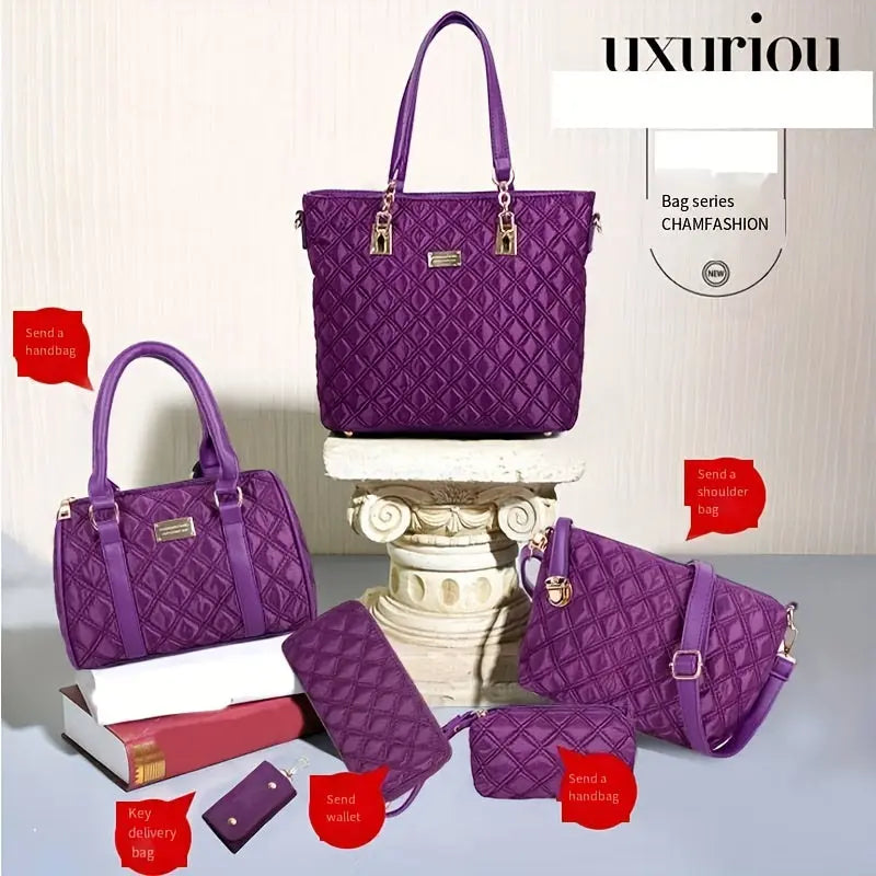 6pcs Chic Argyle Quilted Women's Purse Set - Stylish Solid Color Tote Bag with Boston Handbag, Crossbody Bag, Long Wallet, Wristlet Clutch, Coin Purse, and Key Holder - Perfect for Daily Use, Travel, and Work Chic Le'Meek