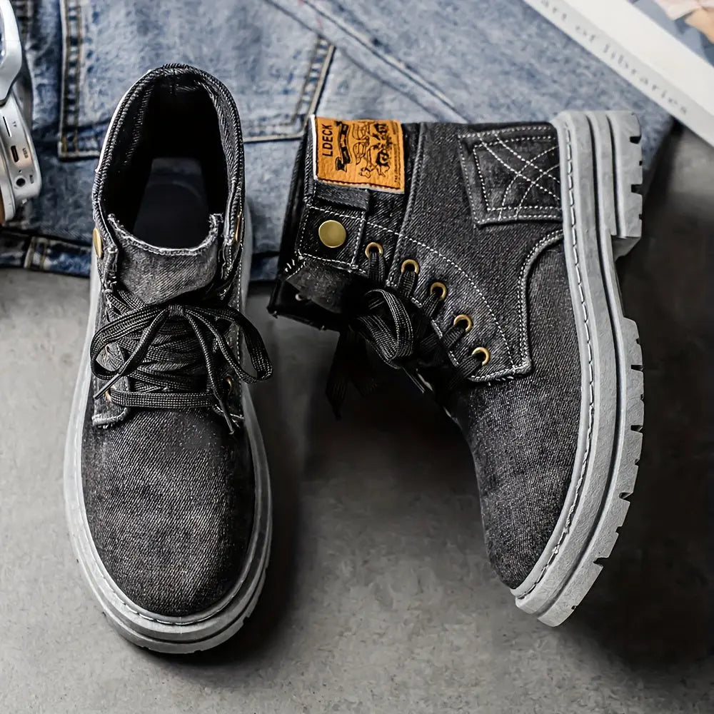 Men's Thick Anti-Slip Shock-Absorbing Ankle Boots - Durable PU Upper & PVC Sole, All-Season Versatile Lace-Up Shoes for Casual, Outdoor & Daily Wear, Casual Streetwear, Modern Street Footwear, Comfortable Fabric Insole Chic Le'Meek