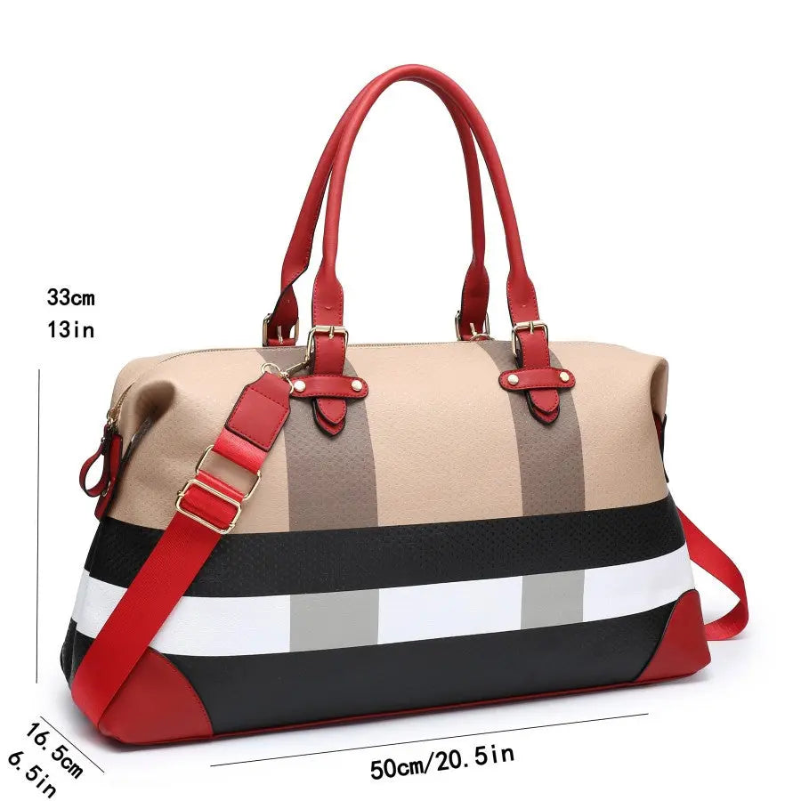 PU leather large overnight travel bag striped pattern handbag carry-on luggage bag suitable for vacation, overnight, camping, hiking, sports and fitness Chic Le'Meek