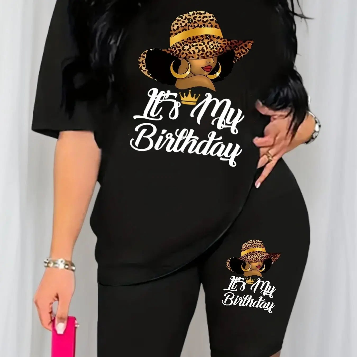 Women's Plus Size Summer Casual Outfit: Stretchy Short Sleeve Crew Neck Tee & Biker Shorts Set with "It's My Birthday" Print - Machine Washable, Comfort Fit Chic Le'Meek
