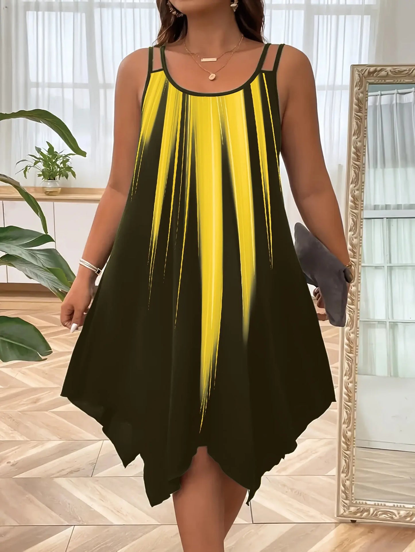 Plus Size Ombre Print Cami Slip Dress - Spaghetti Strap, Sleeveless, Crew Neck, Dual Strap, Asymmetrical Hem, Medium Stretch, Polyester, Random Printing, Vacation Style for Spring, Summer, and Fall Seasons Temu