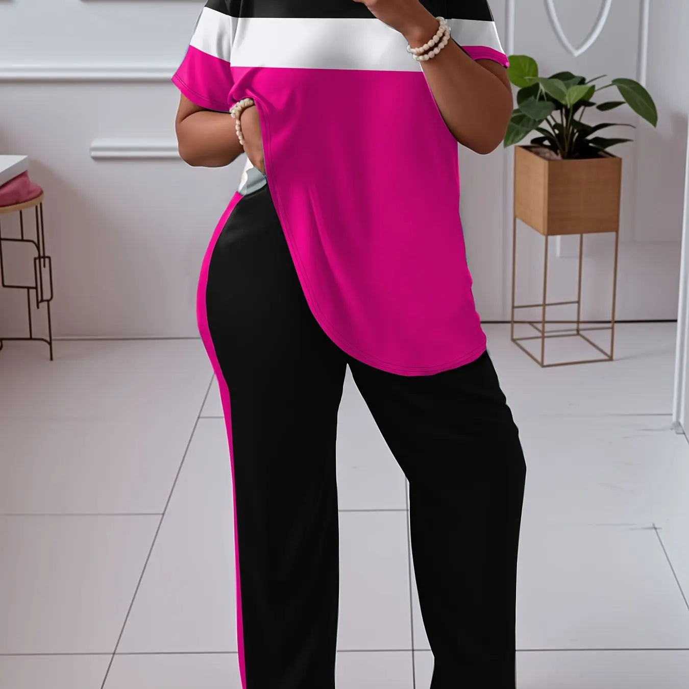 Women'S Plus Size Casual Color Block 2pcs Set - Elegant Crew Neck Short Sleeve Top & Straight Leg Pants, 95% Polyester 5% Elastane, Medium Stretch Knit Fabric, Machine Washable Chic Le'Meek