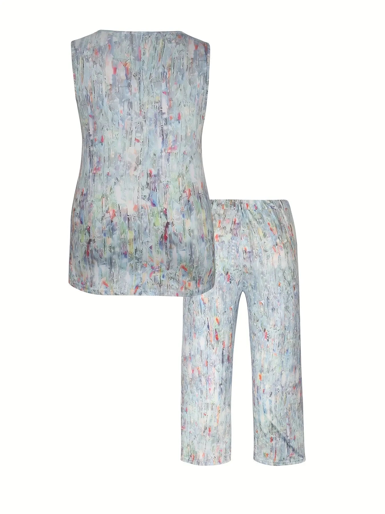 Plus Size Women's Two-Pocket Wide-Leg Pantsuit with Tie-Dye Print, Round Neck Sleeveless Top, and Flowy Trousers - Perfect for Spring and Summer, Plus Size Pant Chic Le'Meek