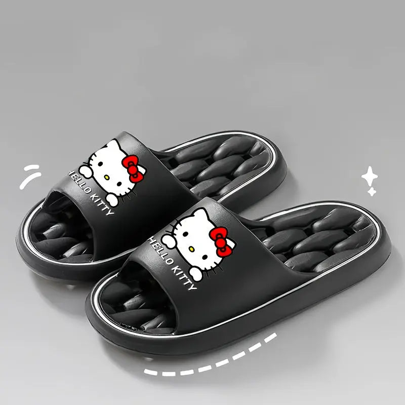 Sanrio Hello Kitty Kawaii Cartoon Slides - Unisex Breathable Soft Sole EVA Slippers, Comfortable Non-Slip Casual Shoes for Indoor & Outdoor Use, Black & Cream Design with Red Bows, Cute Slippers Chic Le'Meek