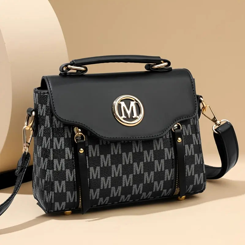 Vintage Geometric Women's Handbag - Large Capacity PU Shoulder Bag with Golden-Tone Hardware, Herringbone Pattern & Letter "M" Design, Detachable Strap, Perfect for Everyday Use (Light Brown/White/Black) Chic Le'Meek