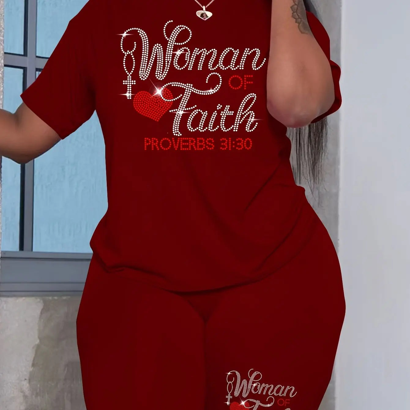 Ladies' Casual Short Sleeved Shorts Set, Hot Stamping Craftsmanship, Women's Faith Letter Hot Stamping Heart Pattern Chic Le'Meek