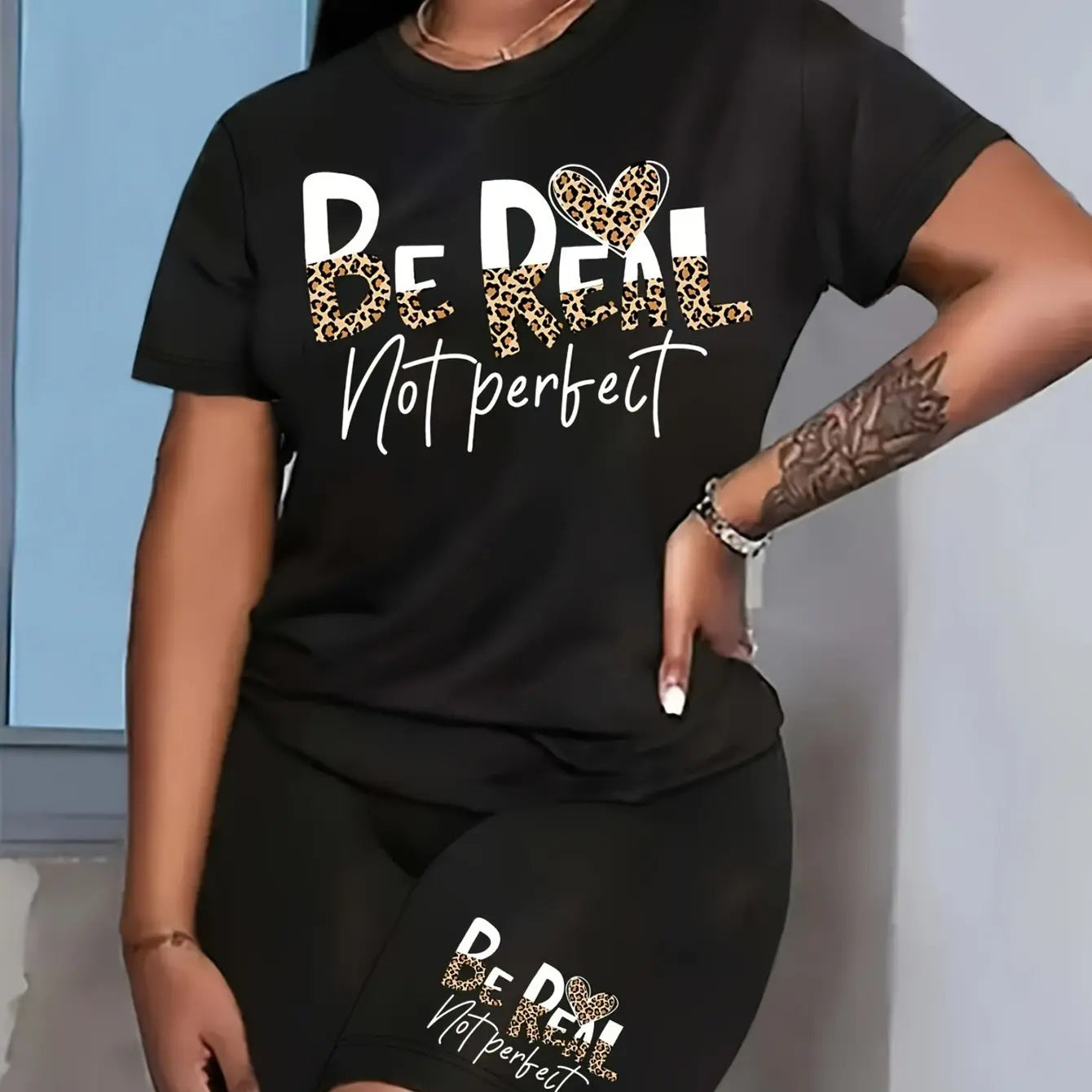 Plus Size Women's Cotton T - Shirt. The "Be Real Not perfect" print is trendy. Ideal for summer, offering comfort and a stylish look for casual outings. Chic Le'Meek