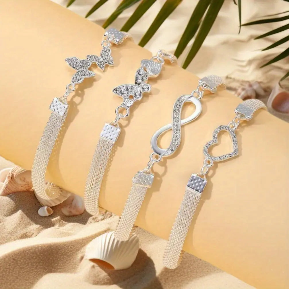 Set of 4- Elegant And Shiny Stackable Ankle Chains, Synthetic Zirconia Ankle Chains Plated with Butterflies And Hearts, Multifunctional Daily Jewelry Gifts Chic Le'Meek