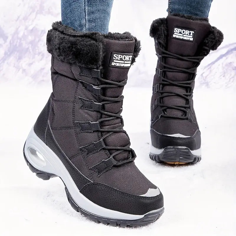 Warmth & Comfort Guaranteed: Womens Thickened Air Cushion Snow Boots - Flannel Lined, Non-Slip, Round Toe, PU Sole, Non-Woven Upper - Perfect for Hiking and Winter Activities Chic Le'Meek