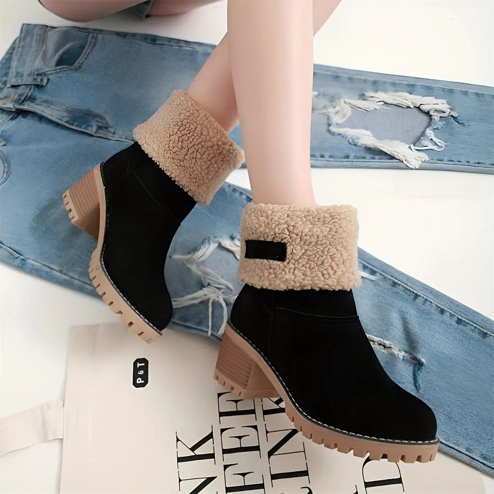 Winter Warm Women's Ankle Strap Platform Chunky Heel Comfort Faux Suede Plush Short Snow Boots Shoes For Woman Chic Le'Meek