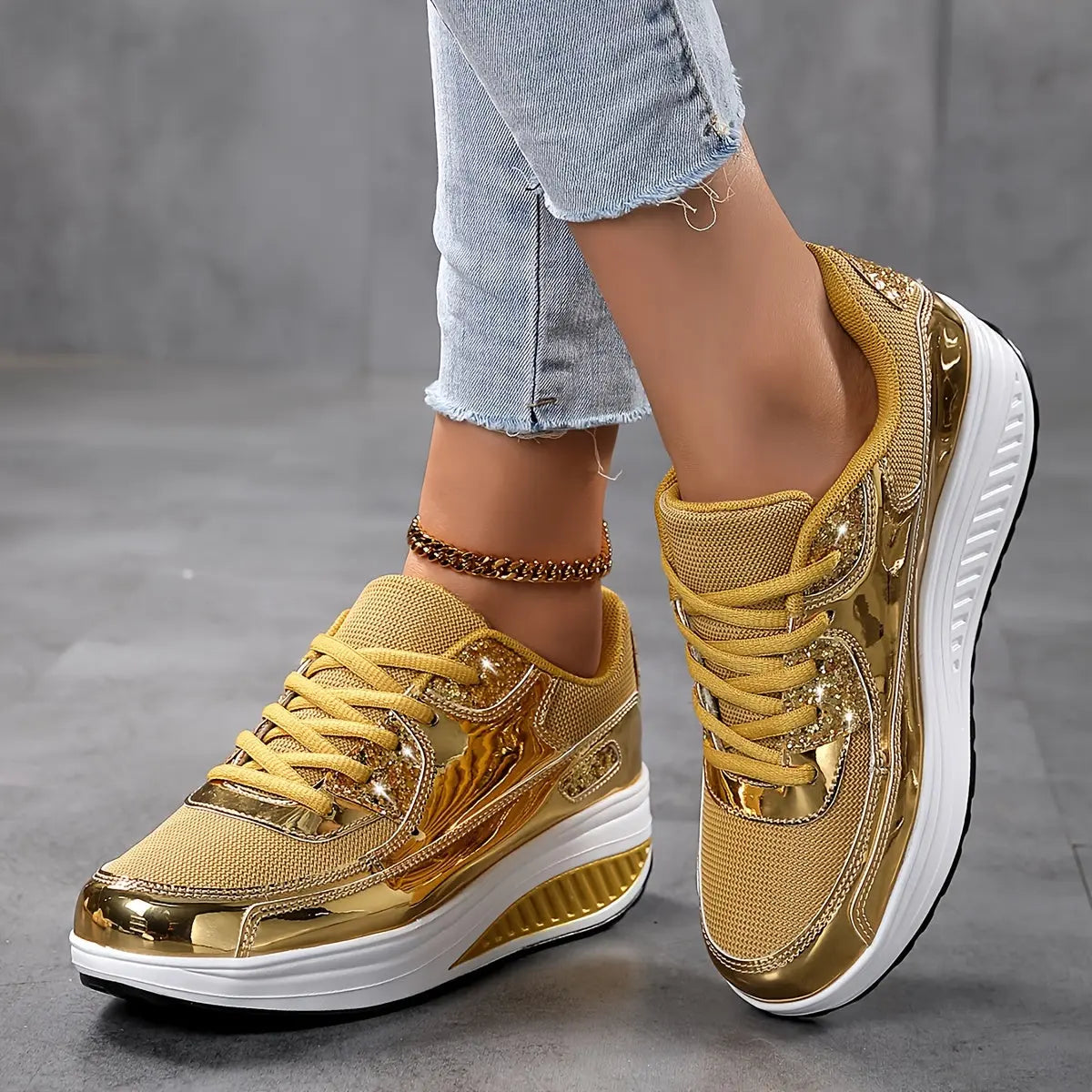 Breathable, Stability, Shiny Accents, Glitter Design, Lace-Up Closure, PU Sole, Fabric Insole, Random Printing - Comfortable Walking Shoes for Everyday Wear Temu