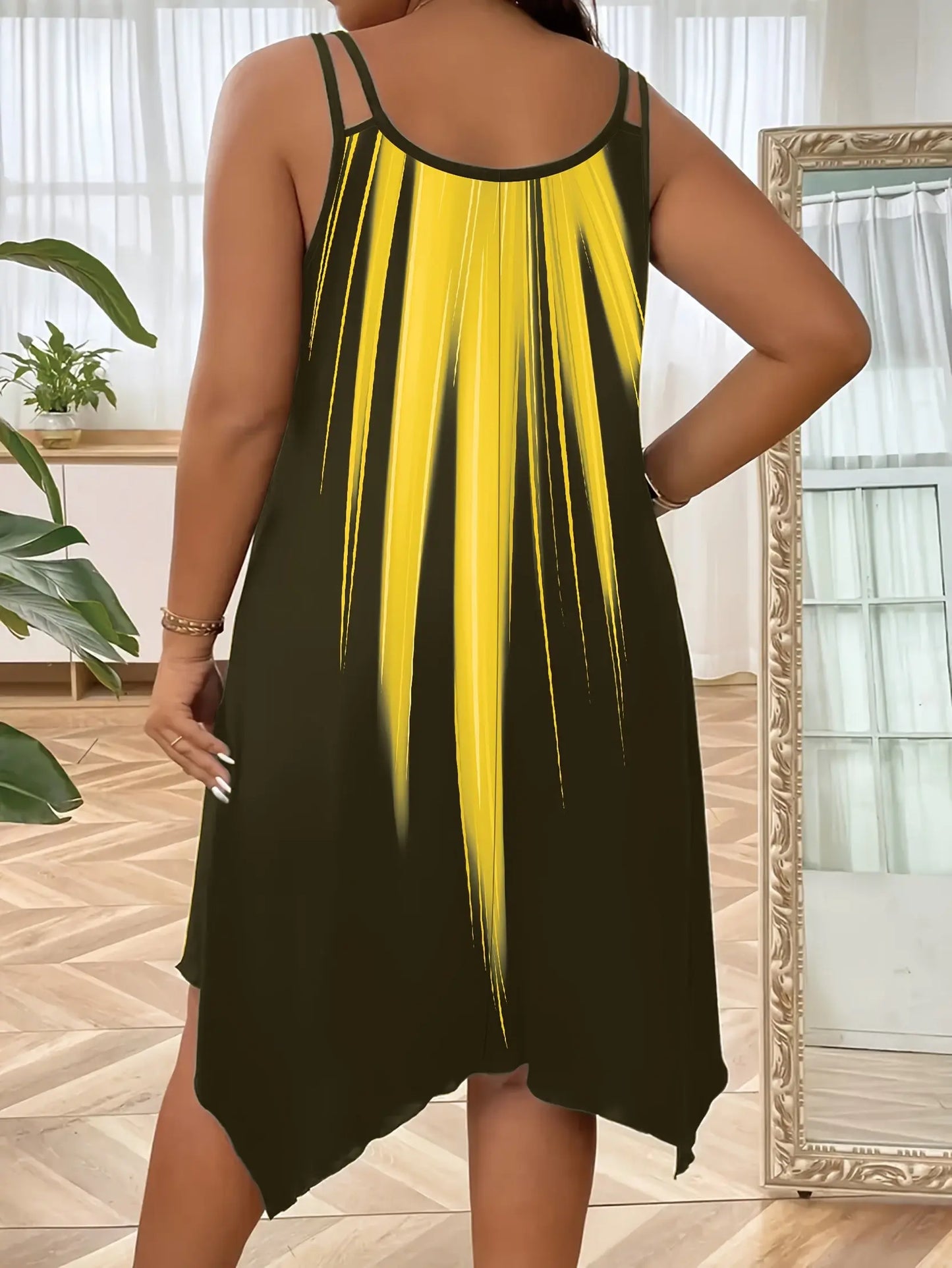 Plus Size Ombre Print Cami Slip Dress - Spaghetti Strap, Sleeveless, Crew Neck, Dual Strap, Asymmetrical Hem, Medium Stretch, Polyester, Random Printing, Vacation Style for Spring, Summer, and Fall Seasons Temu