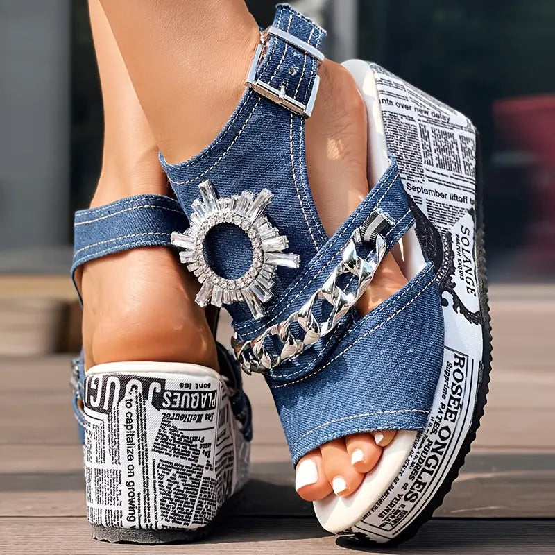 Newspaper Buckle Denim Wedge Slippers - Without Anklet Chic Le'Meek