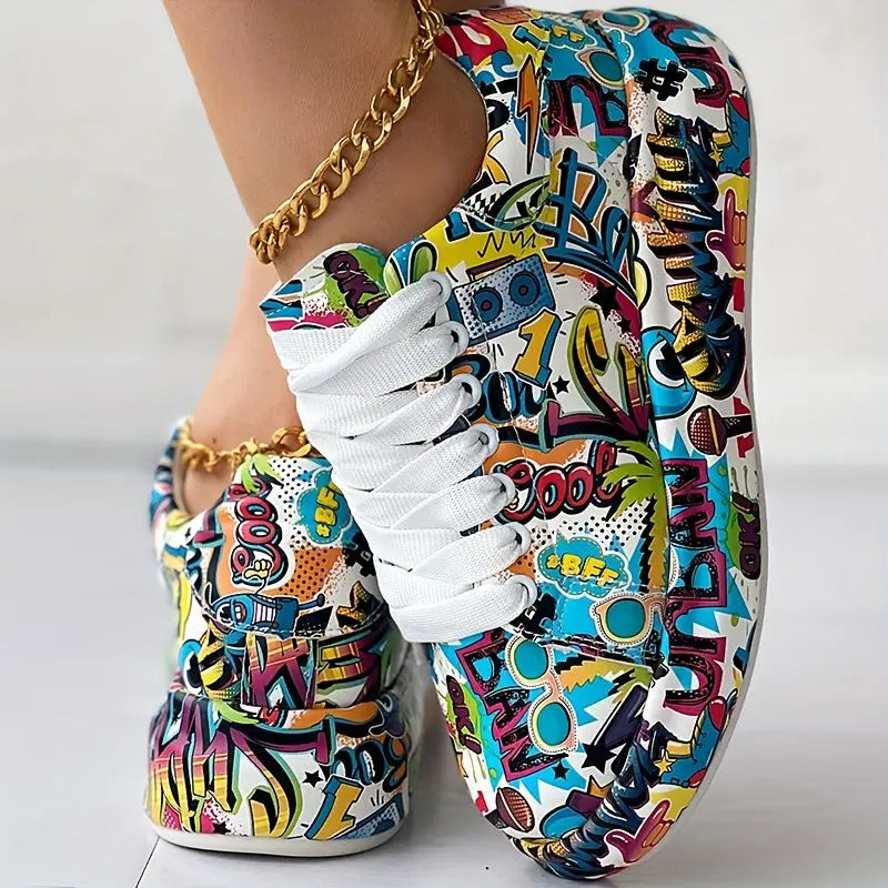 Casual Chic Women's Vibrant Graffiti Print Sneakers - Low Top, Round Toe, Rubber Sole, Faux Cover Interior, All-Season Casual Lace-Up Shoes AliExpress