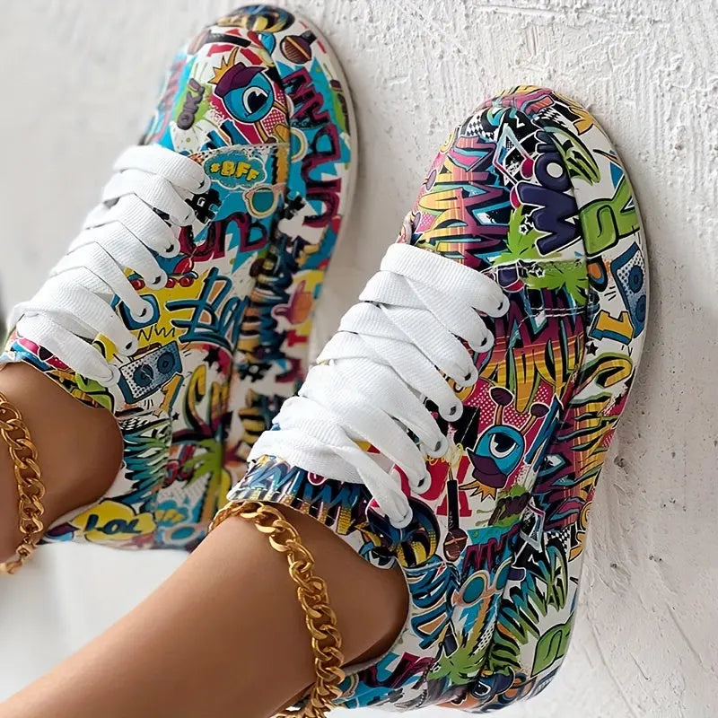 Casual Chic Women's Vibrant Graffiti Print Sneakers - Low Top, Round Toe, Rubber Sole, Faux Cover Interior, All-Season Casual Lace-Up Shoes AliExpress