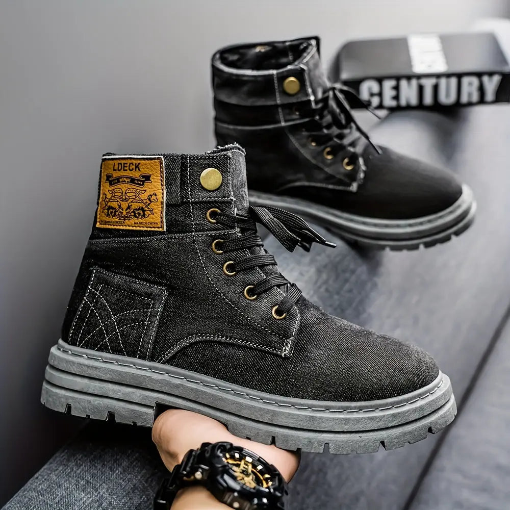 Men's Thick Anti-Slip Shock-Absorbing Ankle Boots - Durable PU Upper & PVC Sole, All-Season Versatile Lace-Up Shoes for Casual, Outdoor & Daily Wear, Casual Streetwear, Modern Street Footwear, Comfortable Fabric Insole Chic Le'Meek