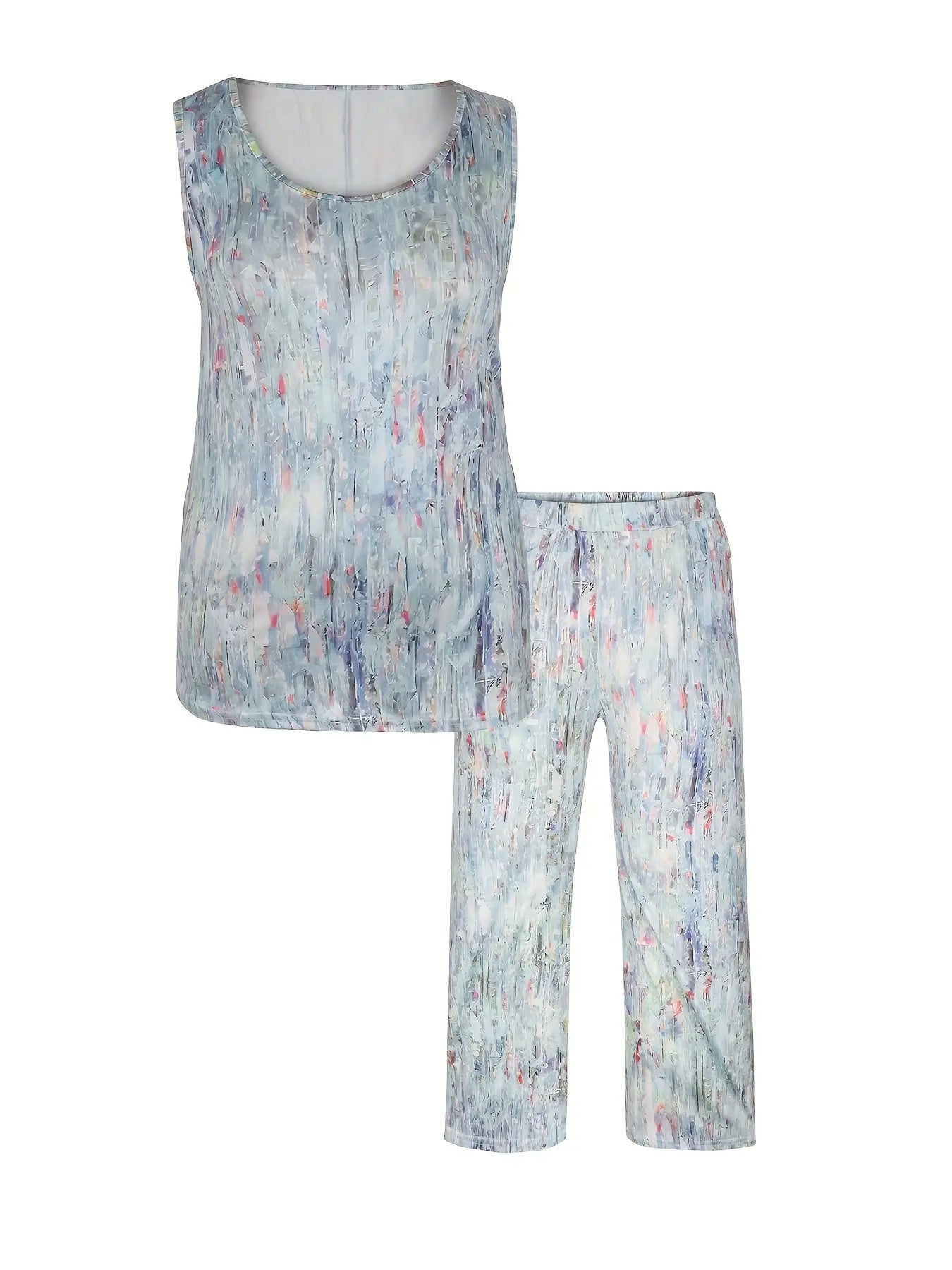 Plus Size Women's Two-Pocket Wide-Leg Pantsuit with Tie-Dye Print, Round Neck Sleeveless Top, and Flowy Trousers - Perfect for Spring and Summer, Plus Size Pant Chic Le'Meek