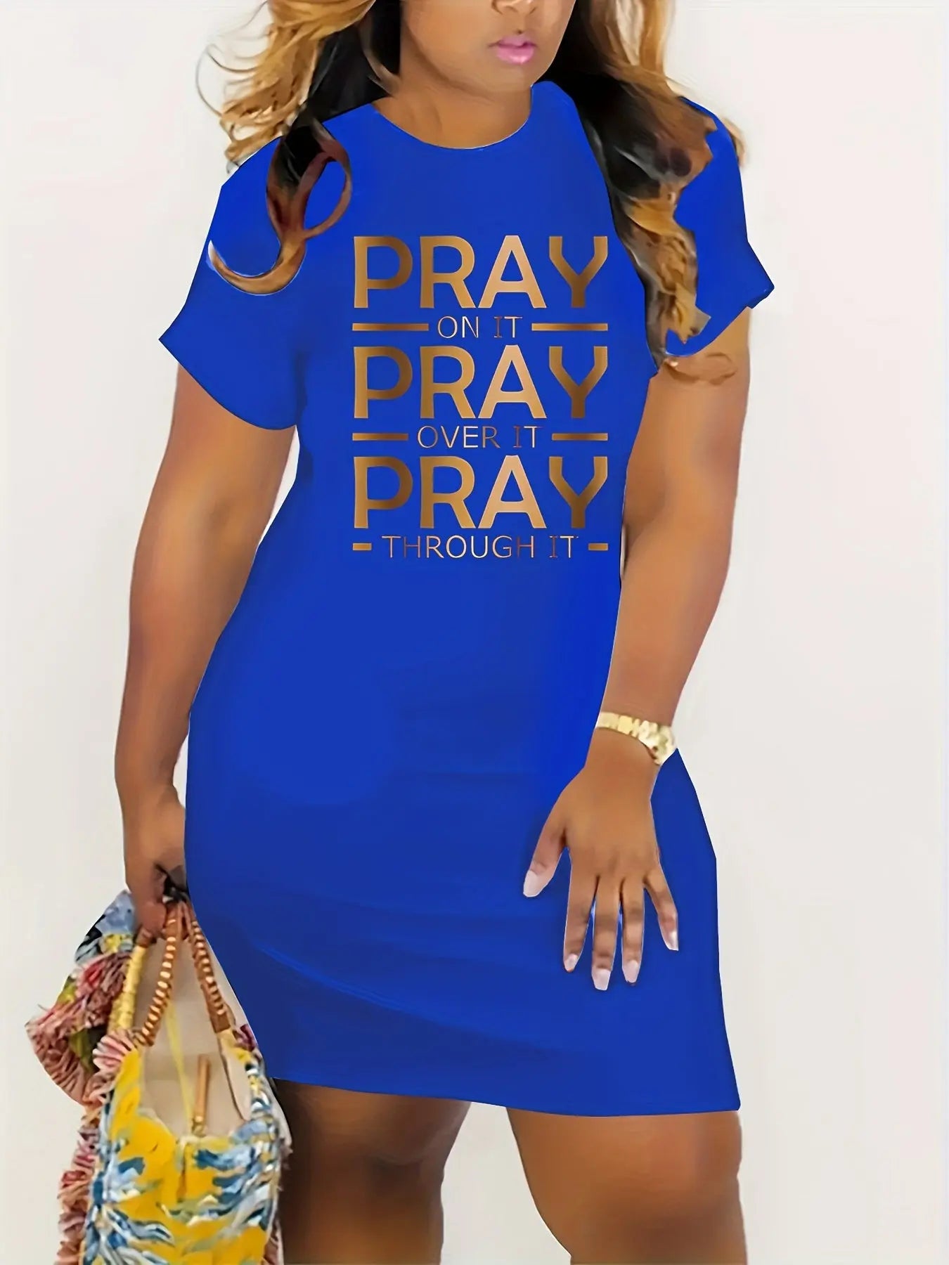 Chic Plus Size Women's "Pray On It Pray Over It Pray Through It" Golden Letter Print T-Shirt Dress - Stretchy Polyester Blend Crew Neck, Machine Washable, All-Season Casual & Office Wear, Ladies T-shirts, Bold Graphic Tee, No Chic Le'Meek