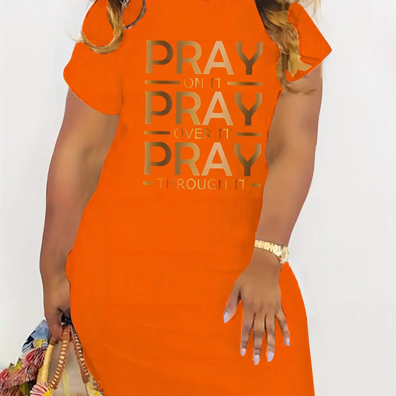 Chic Plus Size Women's "Pray On It Pray Over It Pray Through It" Golden Letter Print T-Shirt Dress - Stretchy Polyester Blend Crew Neck, Machine Washable, All-Season Casual & Office Wear, Ladies T-shirts, Bold Graphic Tee, No Chic Le'Meek