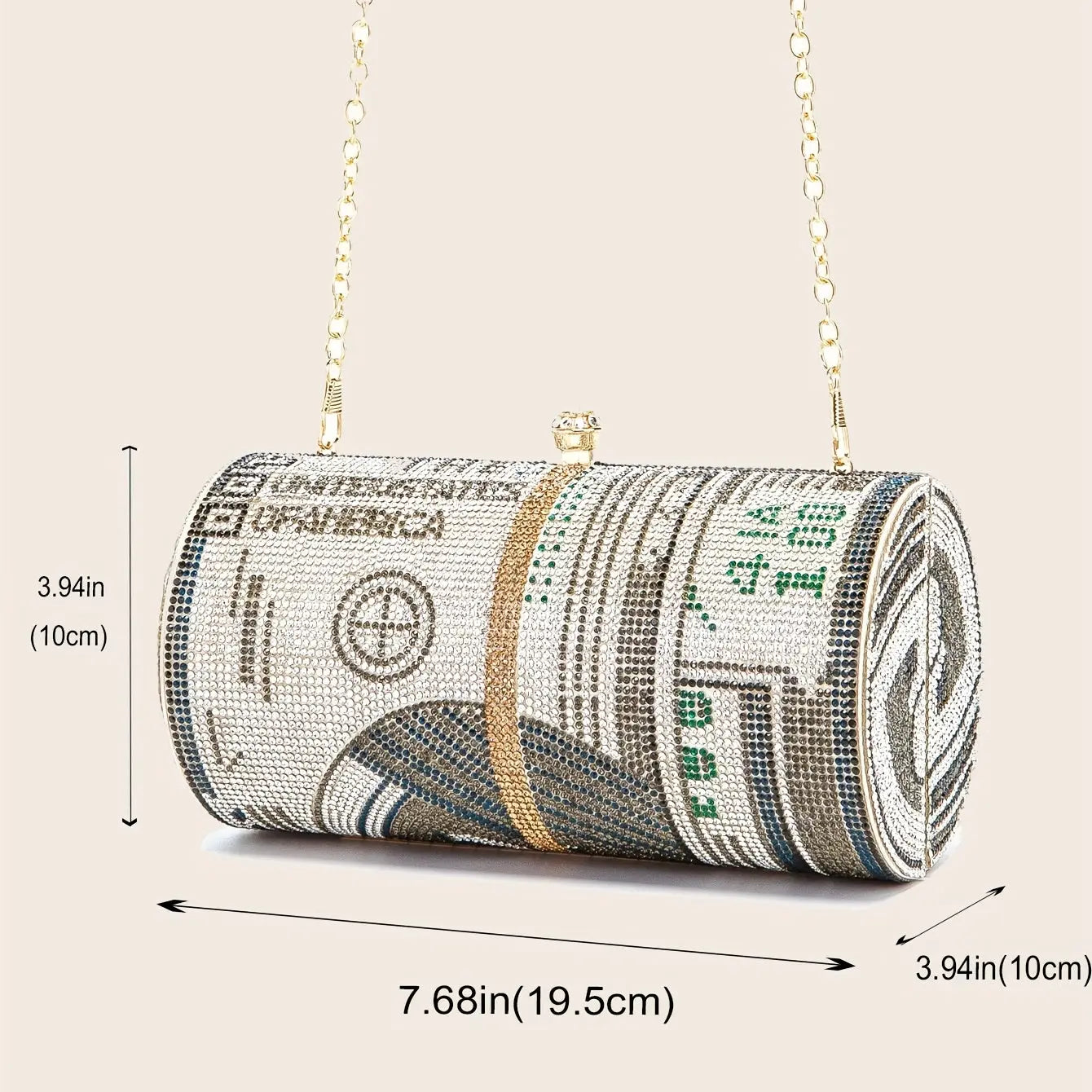 Sparkling Dollar Pattern Clutch Bag - Glamorous Cylinder Rhinestone Glitter Kiss Lock with Adjustable Metal Chain Temu
