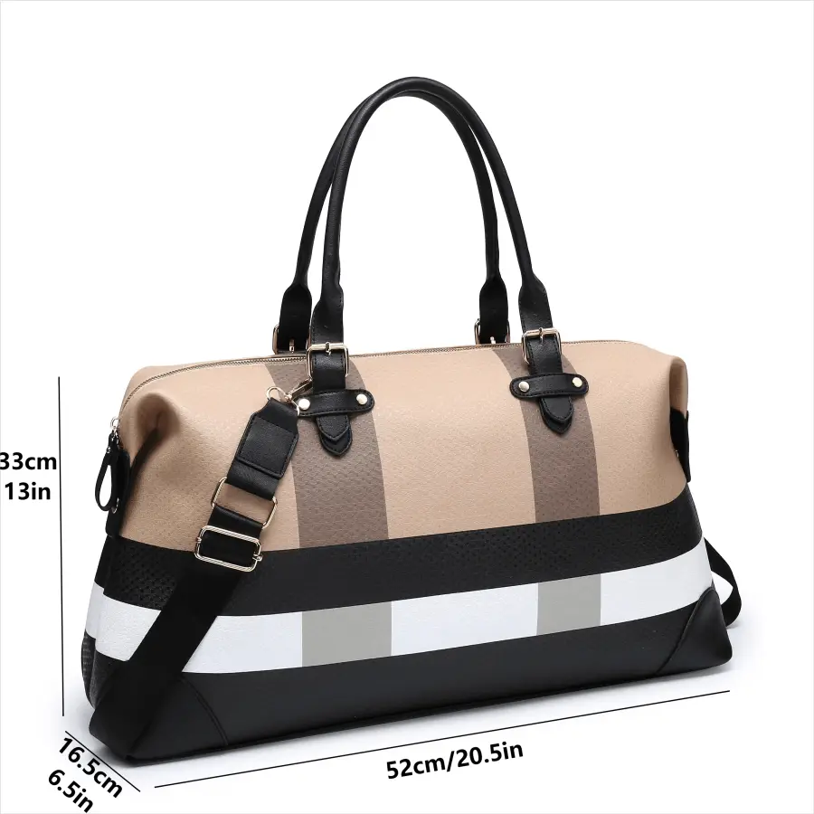 PU leather large overnight travel bag striped pattern handbag carry-on luggage bag suitable for vacation, overnight, camping, hiking, sports and fitness Chic Le'Meek