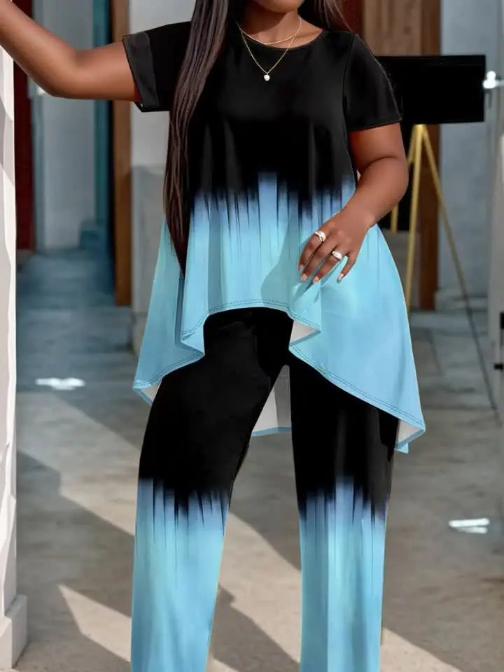 Plus Size Polyester Knit Tie-Dye Clothing Set - Short Sleeve Top And Long Pants - Machine Washable, Simple Style Chic Le'Meek